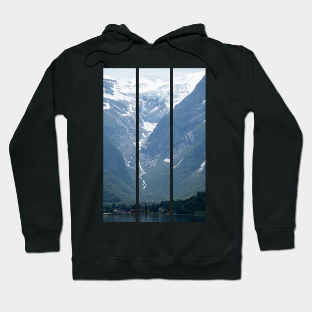 Wonderful landscapes in Norway. Vestland. Beautiful scenery of Briksdalsbreen glacier in Briksdalbre. Oldevatnet lake. Mountains, rocks and snow. Cloudy day(vertical) Hoodie by fabbroni-art